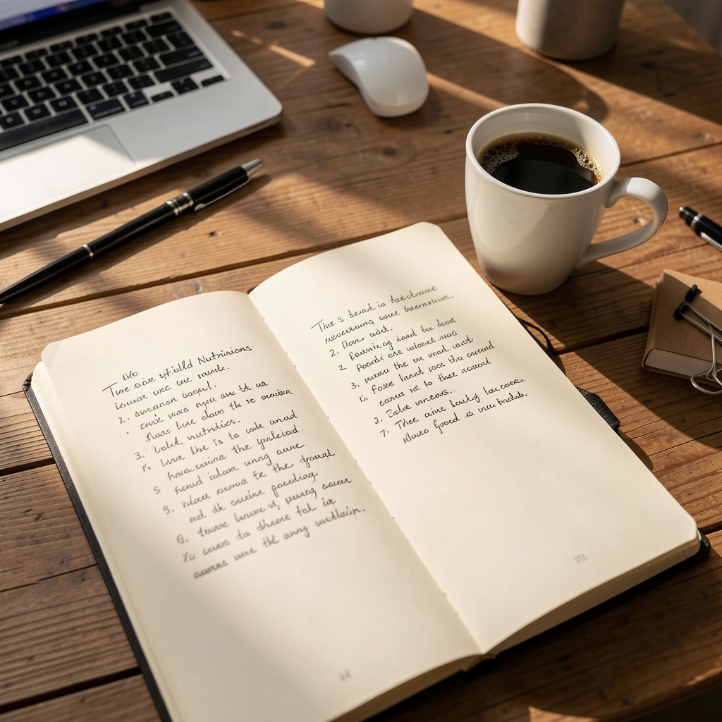 Open editorial notebook on a wooden desk beside a cup of tea, natural morning light, pen resting on the page
