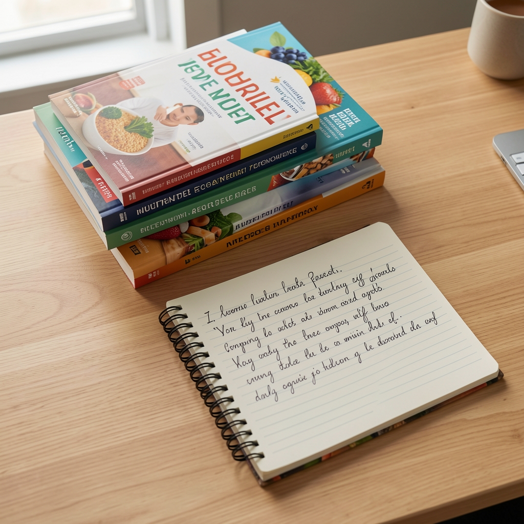 Stack of nutrition reference books and a handwritten research notebook on a clean wooden desk, viewed from above in a home office setting