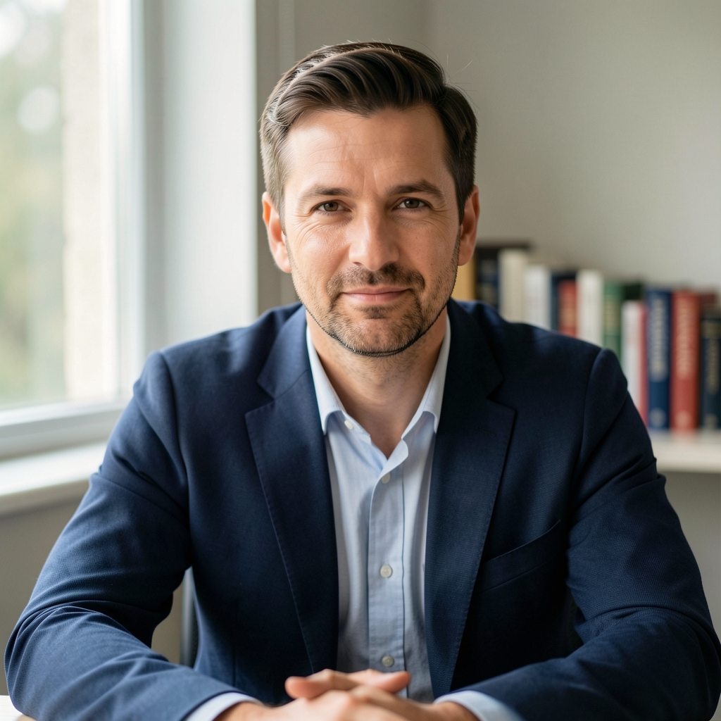 Editorial portrait of Tobias Ashcroft, contributing editor at Draveno Letters, seated at a plain desk with books in background