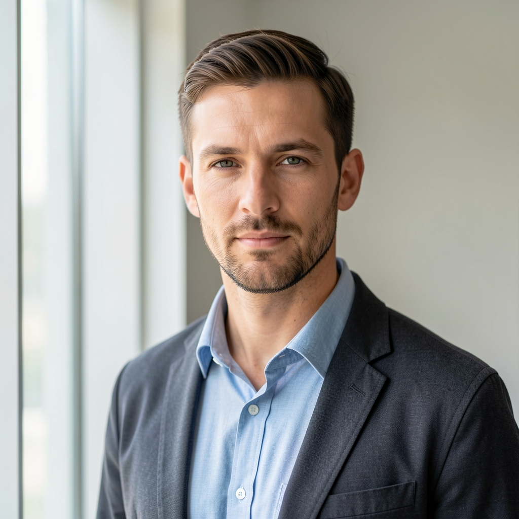 Portrait of a man in his mid-thirties, standing near a bright window in a minimal interior, calm expression, casual professional attire