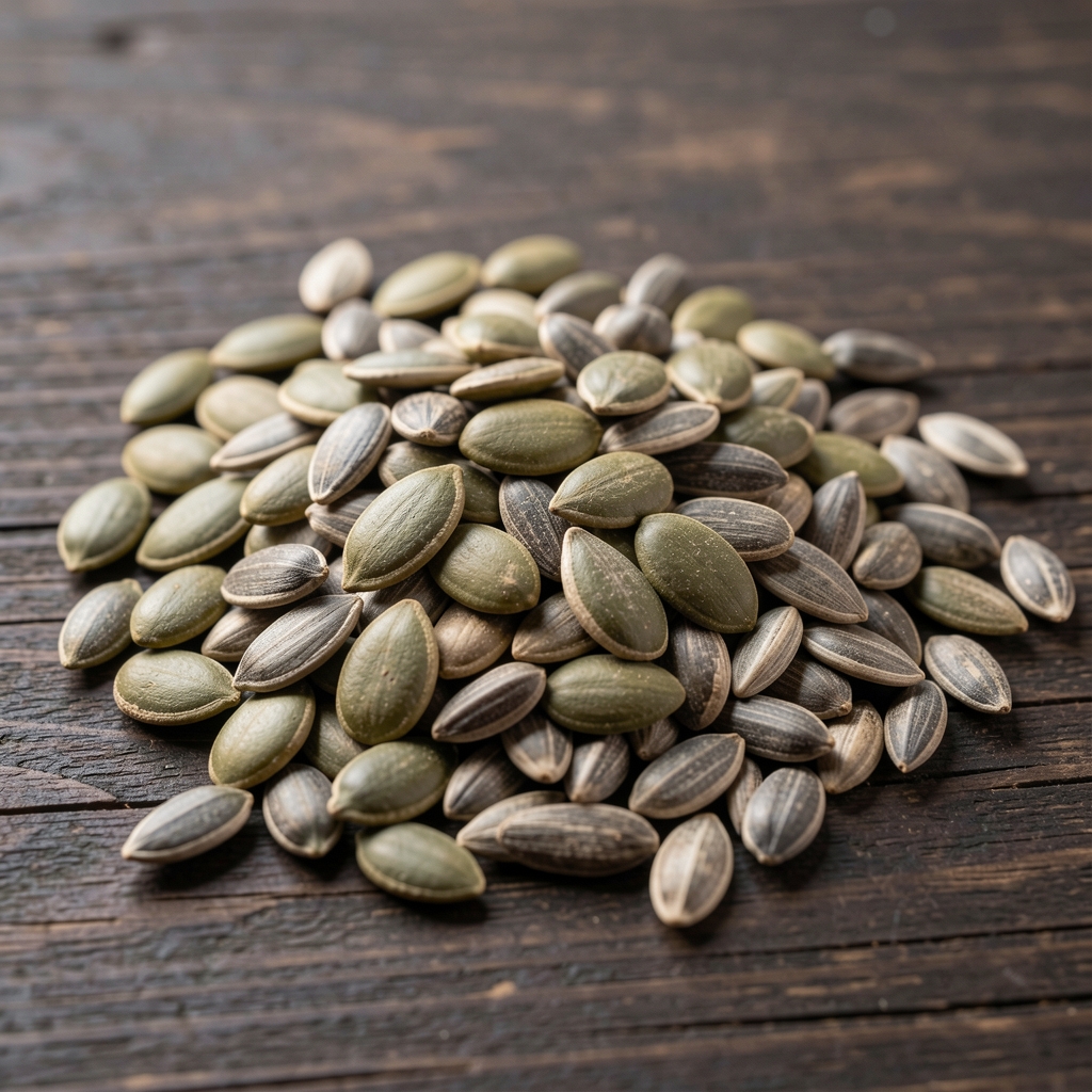 Close-up of zinc-rich seeds, pumpkin seeds and sunflower seeds arranged on a dark wooden surface with soft natural daylight