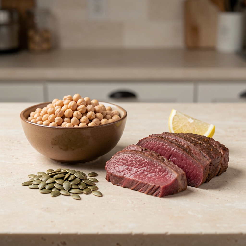 Selection of zinc-rich foods arranged on a kitchen counter: bowl of chickpeas, pumpkin seeds, sliced lean beef and a wedge of lemon, studio lighting on a pale stone surface