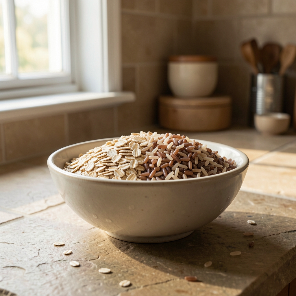 Bowl of mixed whole grains — oats, barley and brown rice — arranged on a stone kitchen counter with morning light from a nearby window