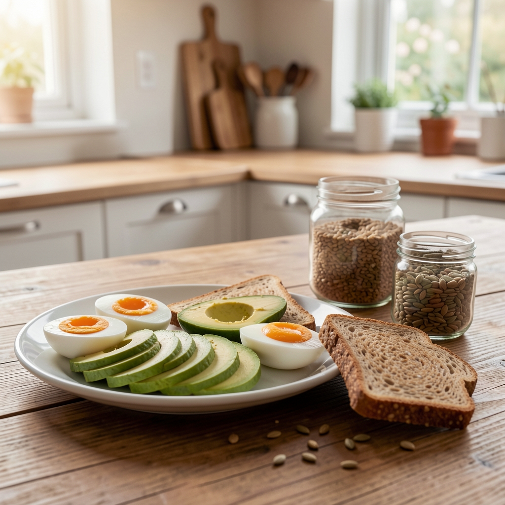 Protein-rich breakfast spread on a wooden table — soft-boiled eggs, sliced avocado, whole grain toast and a small jar of seeds, morning kitchen setting