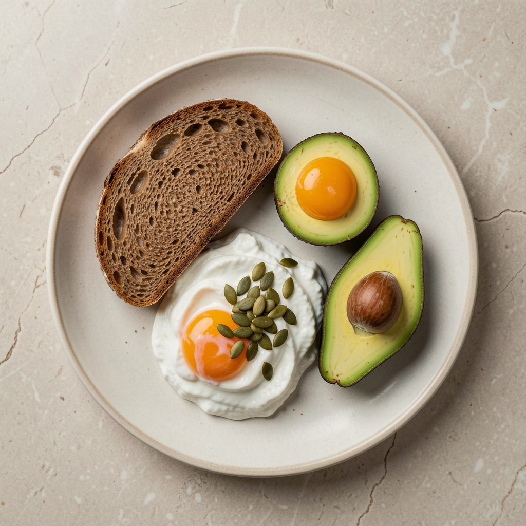 Overhead view of a neatly arranged breakfast plate with two soft-boiled eggs, a portion of Greek yoghurt topped with pumpkin seeds, a slice of rye bread and half an avocado on a pale stone surface