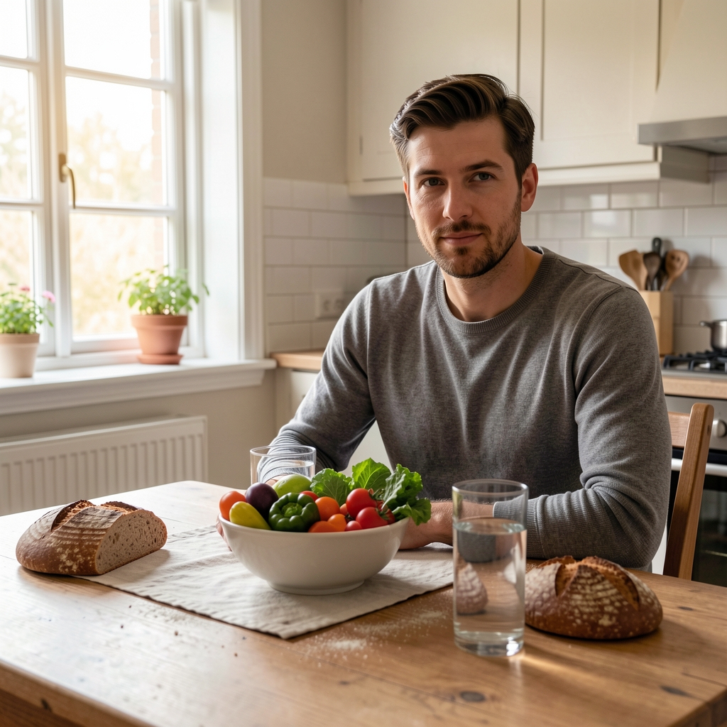 Man sitting at a well-organised kitchen table with a bowl of fresh vegetables, whole grain bread and a glass of water, morning light through a window